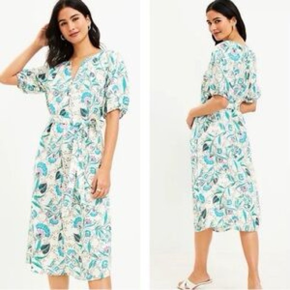 Loft Linen Blend Indian Block Print Dress Belt Not Included - Picture 2 of 7